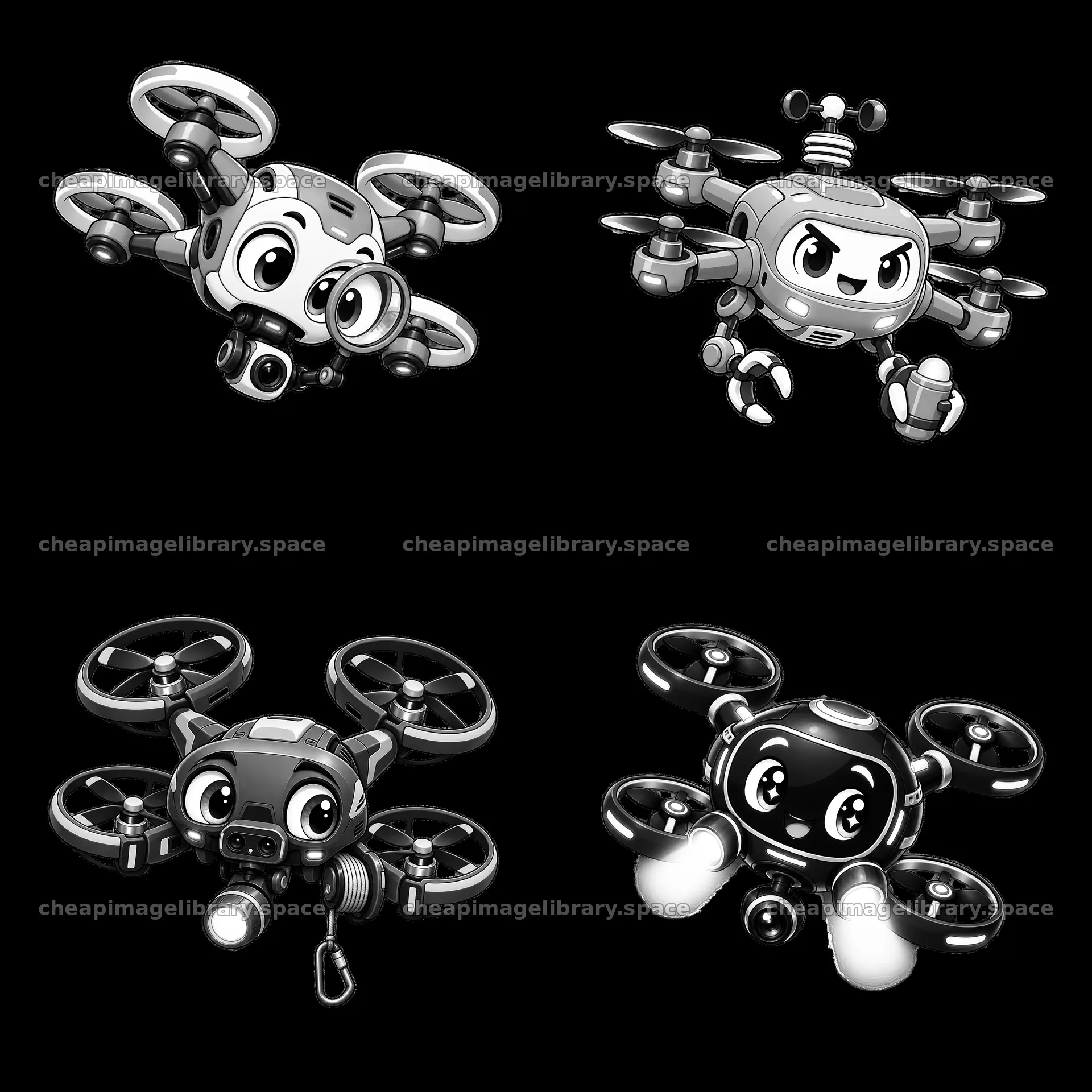 Cartoon drone characters in playful black-and-white design – image library 7746x7746