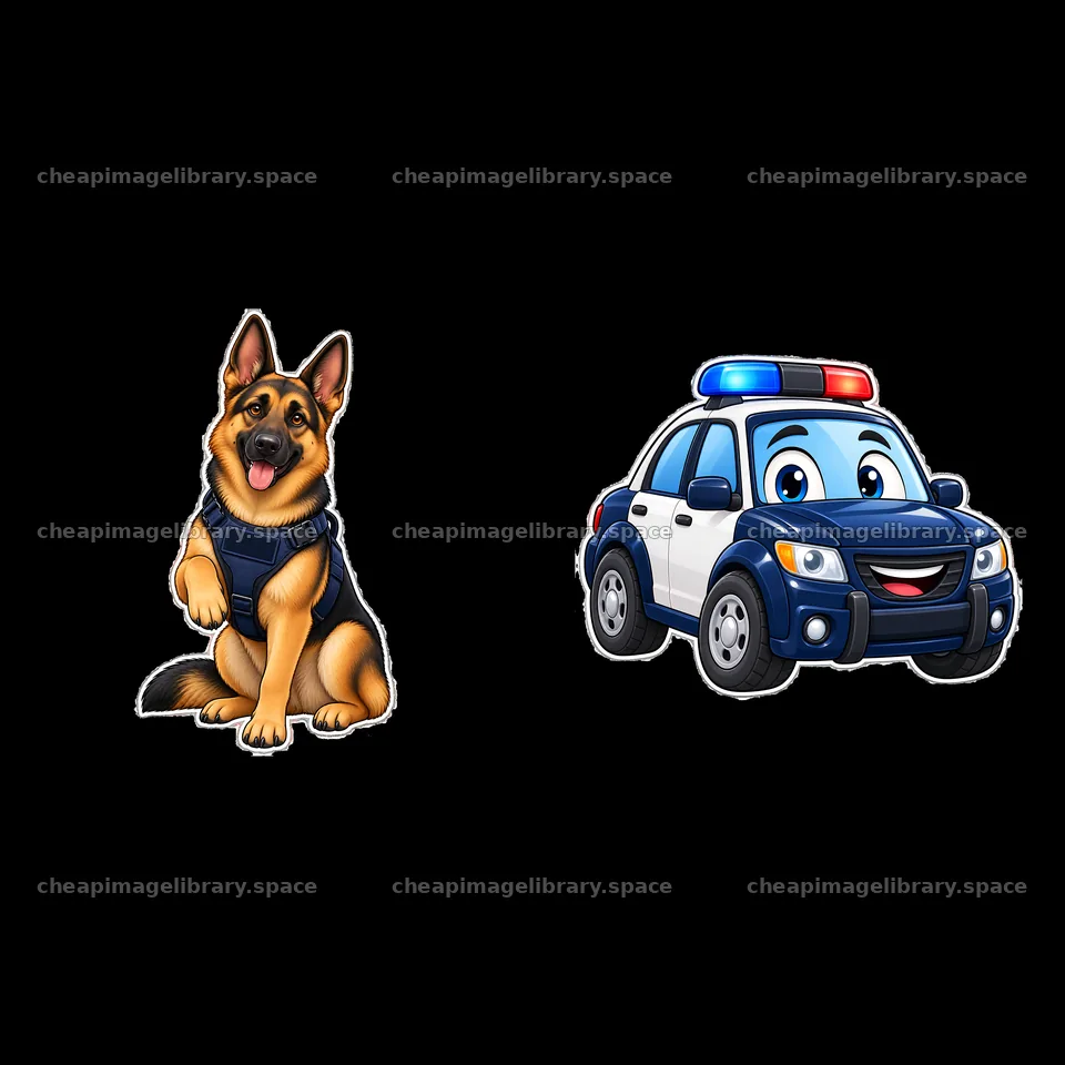 Police dog with police car cartoon sticker illustration – image library 7746x7746