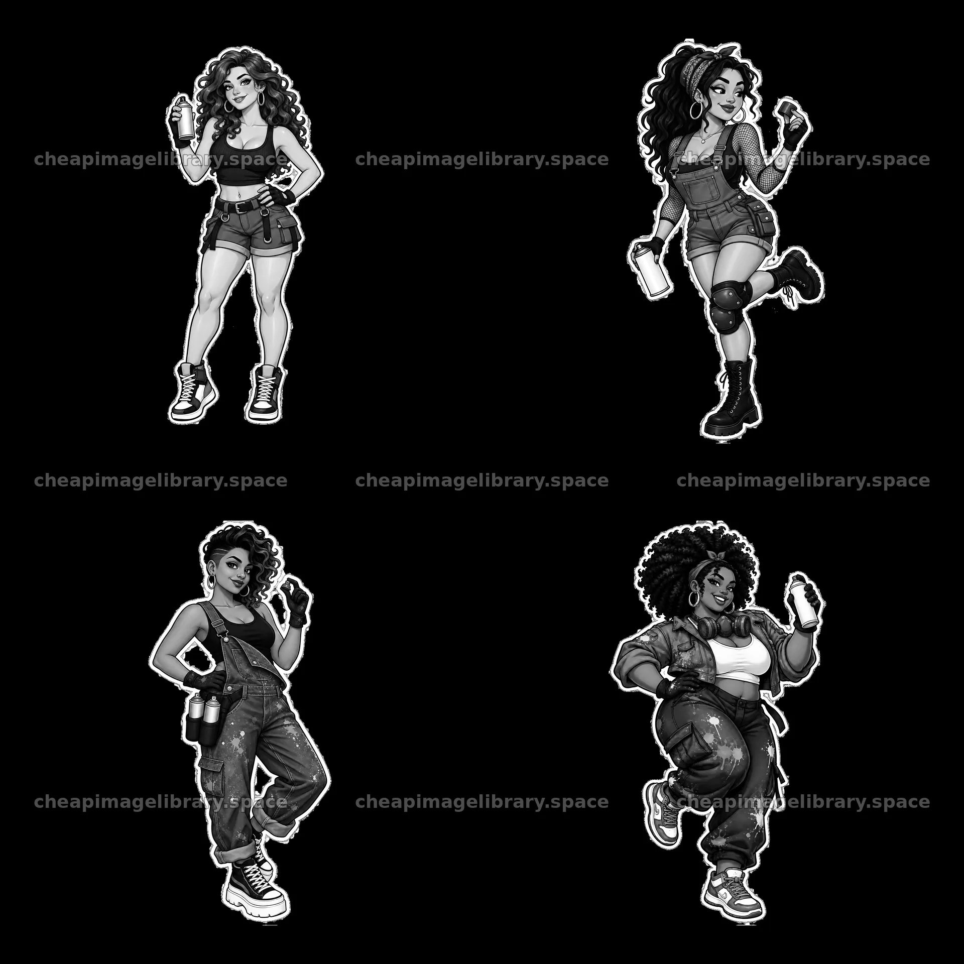 Female graffiti artists with spray paint cans in black and white – image library 7746x7746