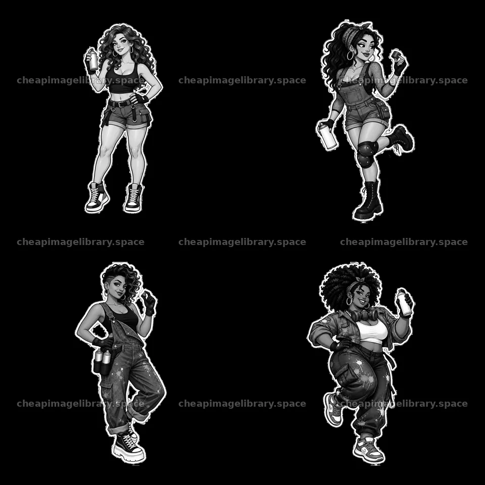Female graffiti artists with spray paint cans in black and white – image library 7746x7746
