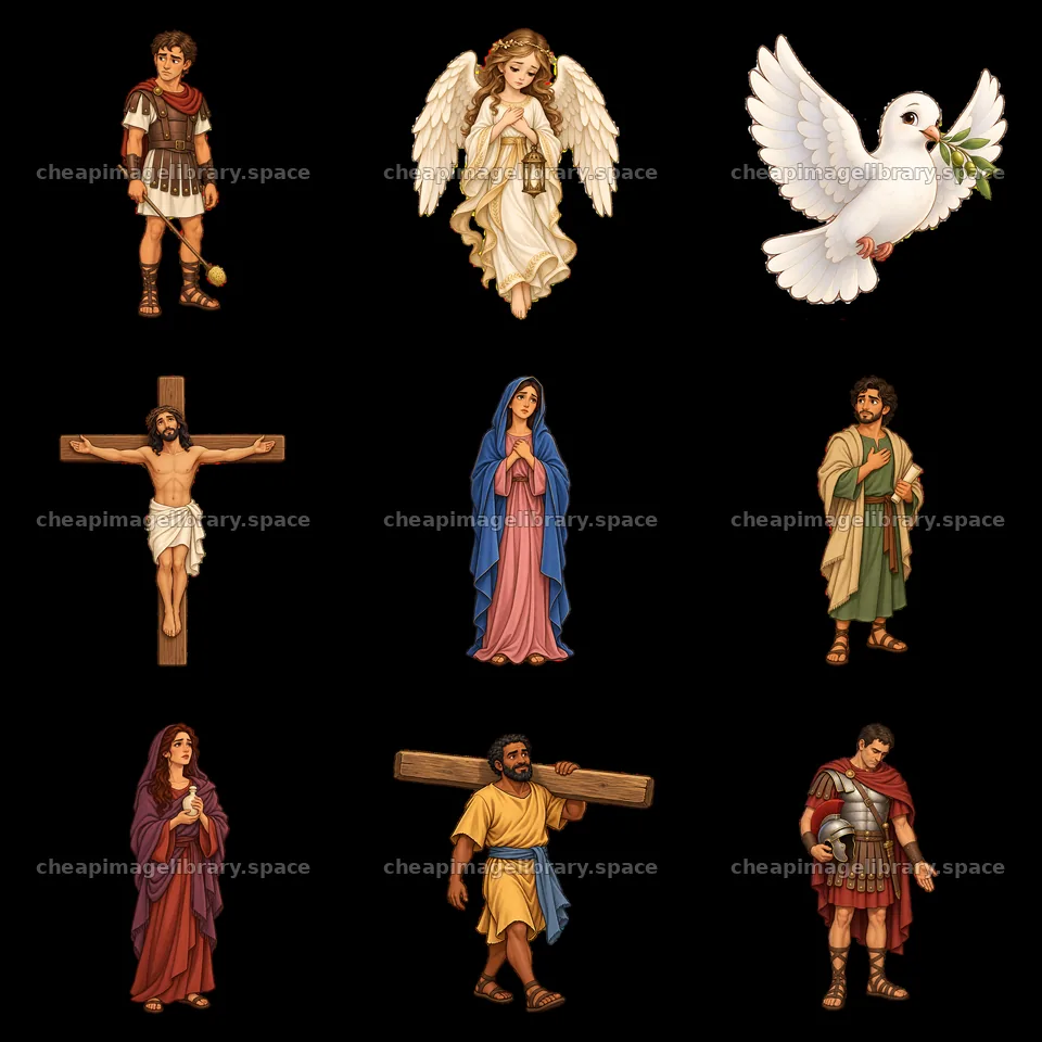 Jesus on the cross with angel, Mary, and other biblical characters – image library 7746x7746
