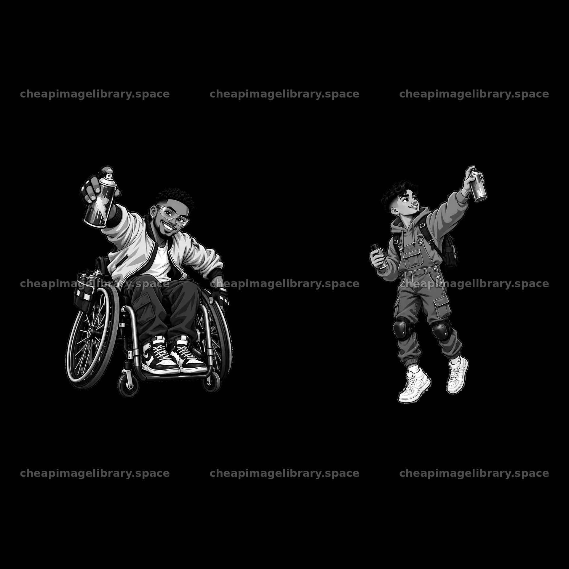 Graffiti sprayer in wheelchair with friend holding spray can – image library 7746x7746