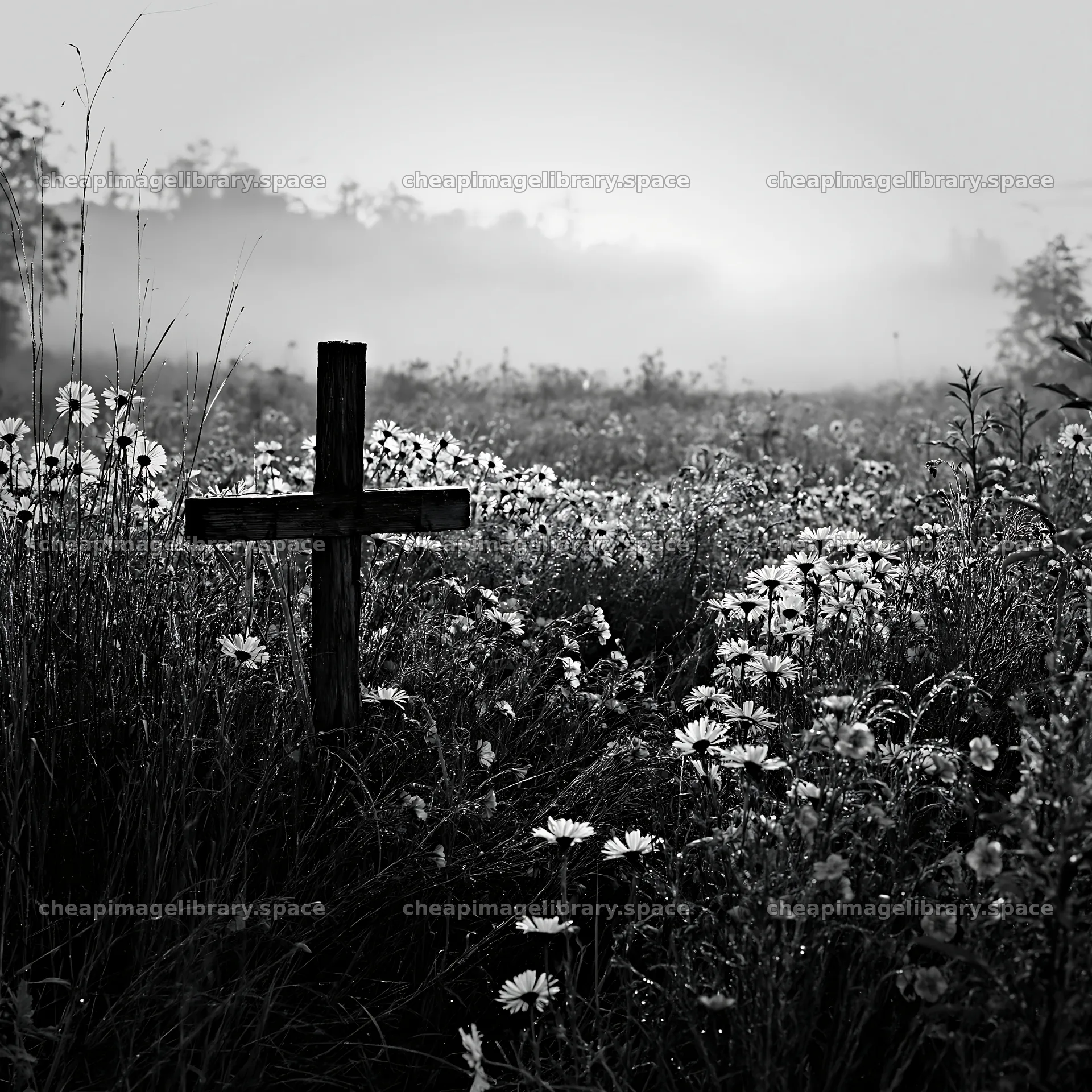 Christian cross in meadow with flowers and fog – image library 7938x7938