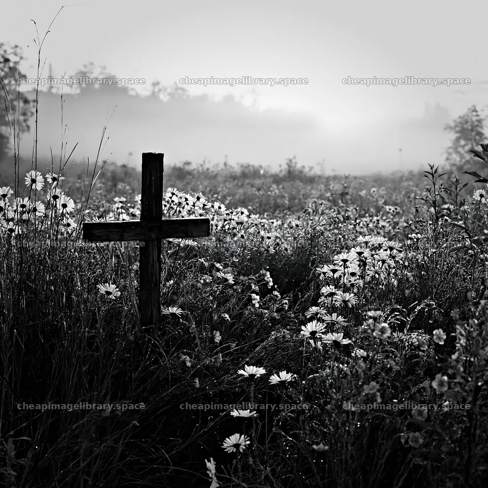 Christian cross in meadow with flowers and fog – image library 7938x7938