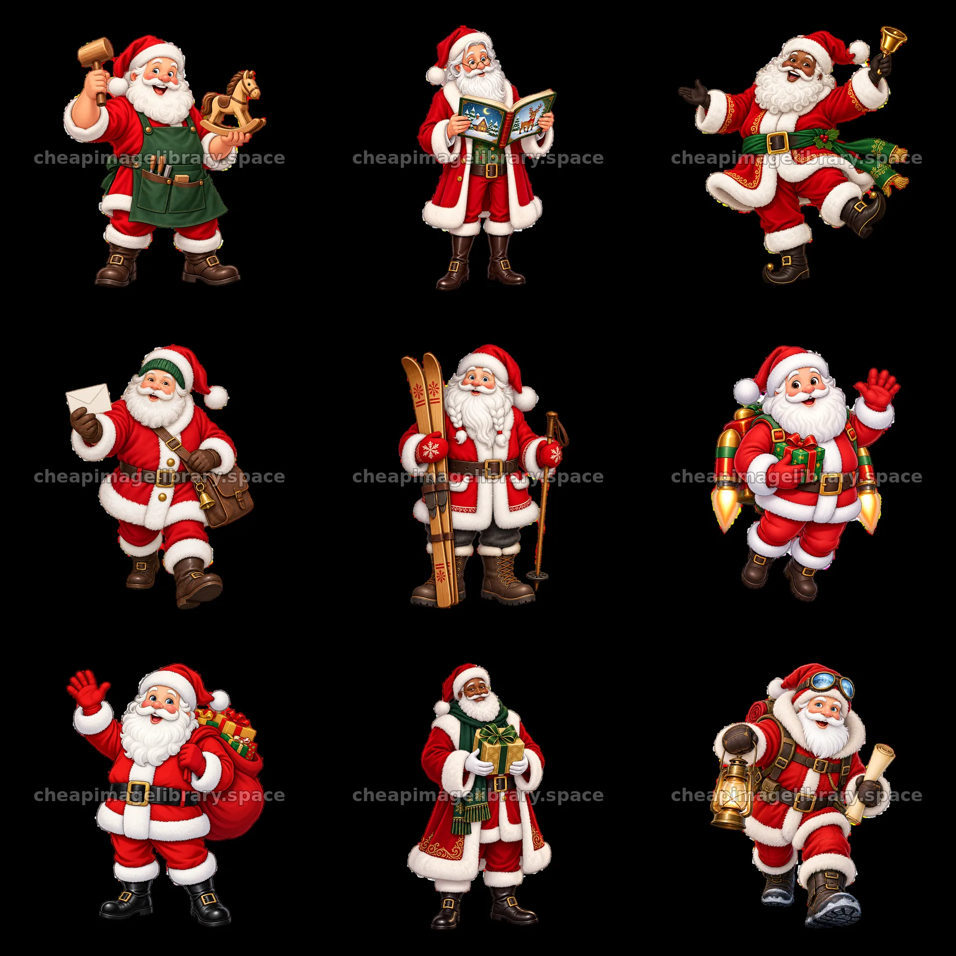 Santa Claus in various actions and poses in a 3x3 layout – image library 7746x7746