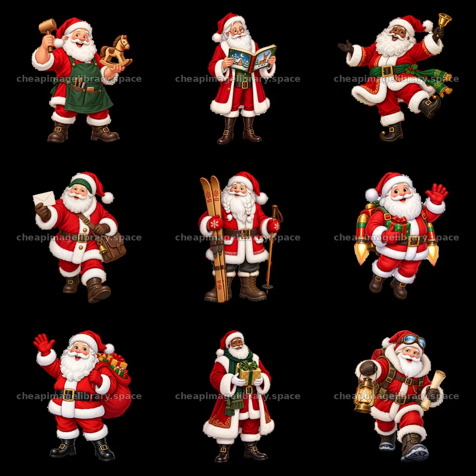 Santa Claus in various actions and poses in a 3x3 layout – image library 7746x7746
