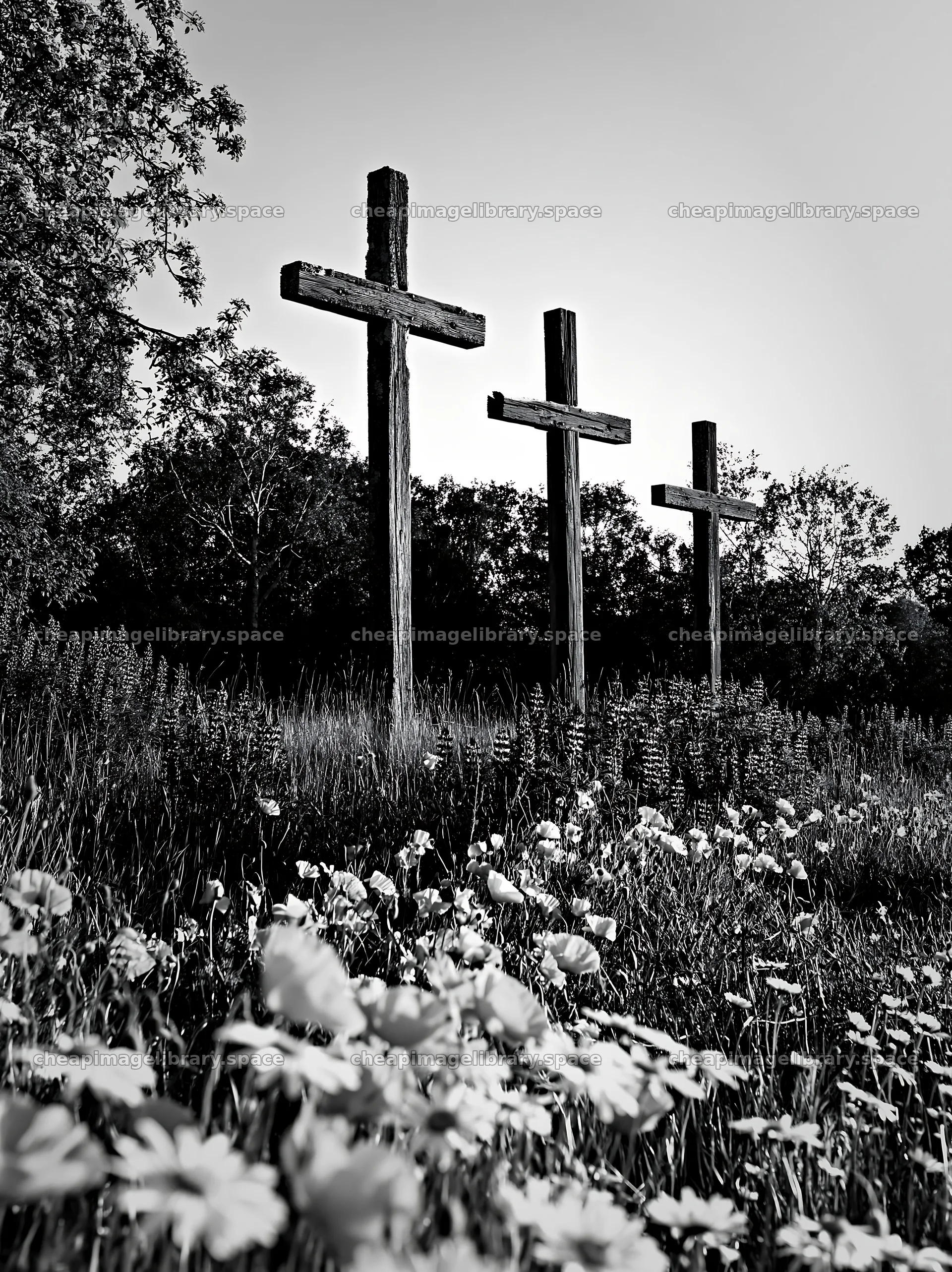 Three weathered crosses in a meadow with white flowers – image library 6866x9174