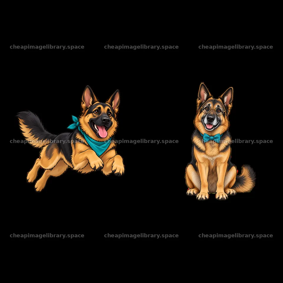 Playful German Shepherds with bandana and bow tie stickers – image library 7746x7746