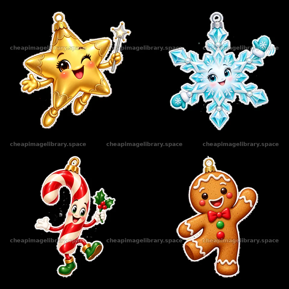 Four cartoon Christmas ornaments are shown – image library 7746x7746