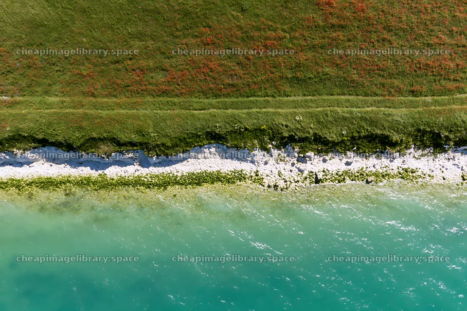 Clifftop meadow overlooking a shoreline with clear blue water – image library 9722x6480