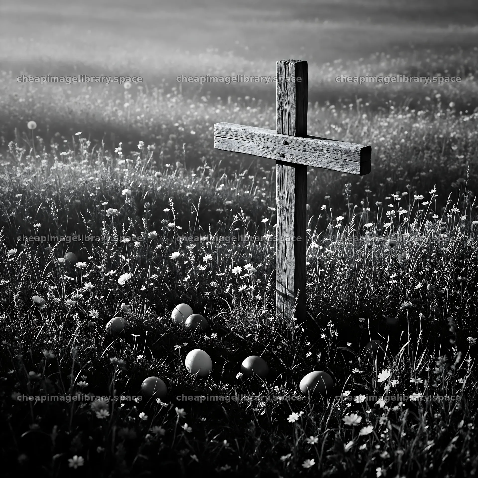 Weathered Christian cross in misty meadow with flowers – image library 7938x7938