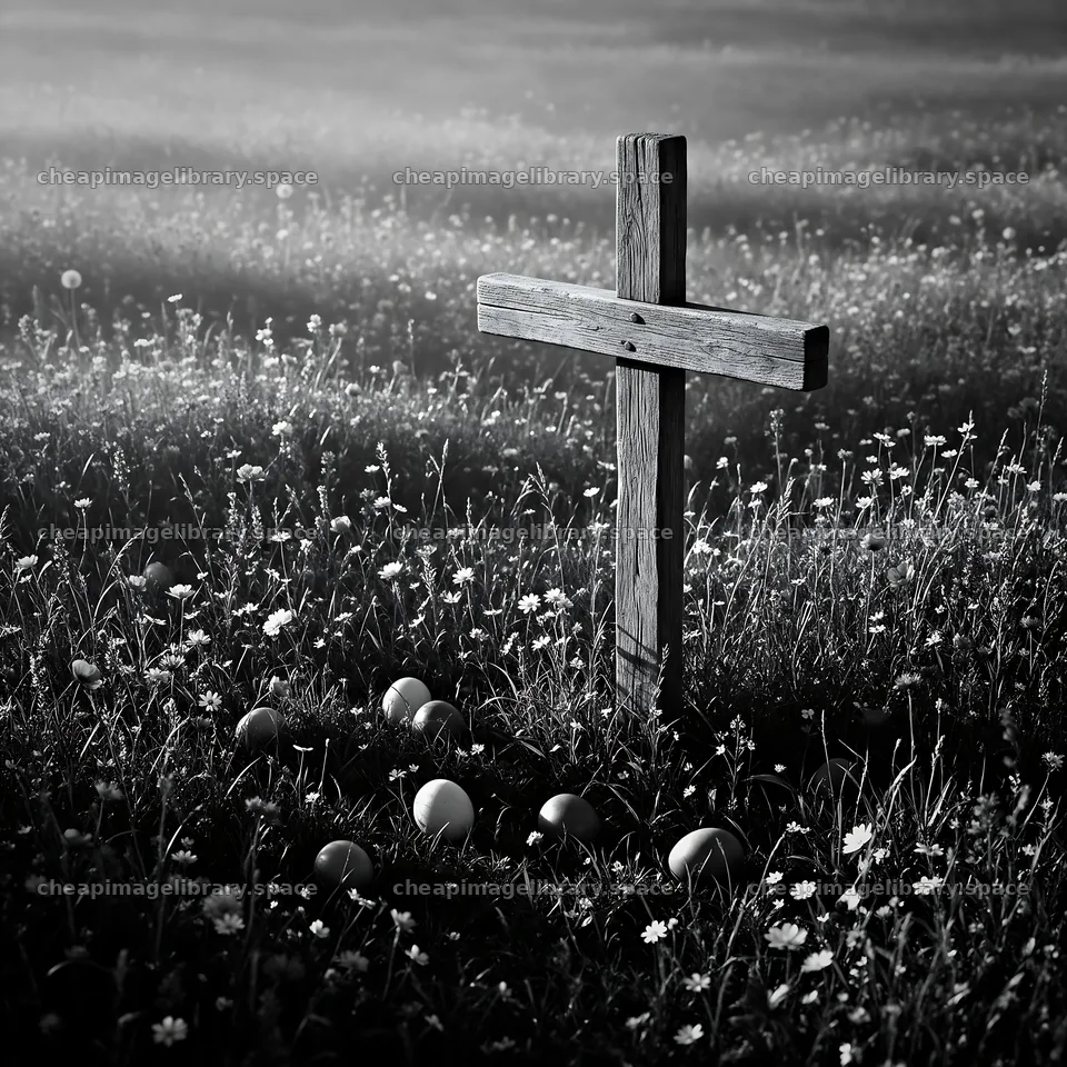 Weathered Christian cross in misty meadow with flowers – image library 7938x7938