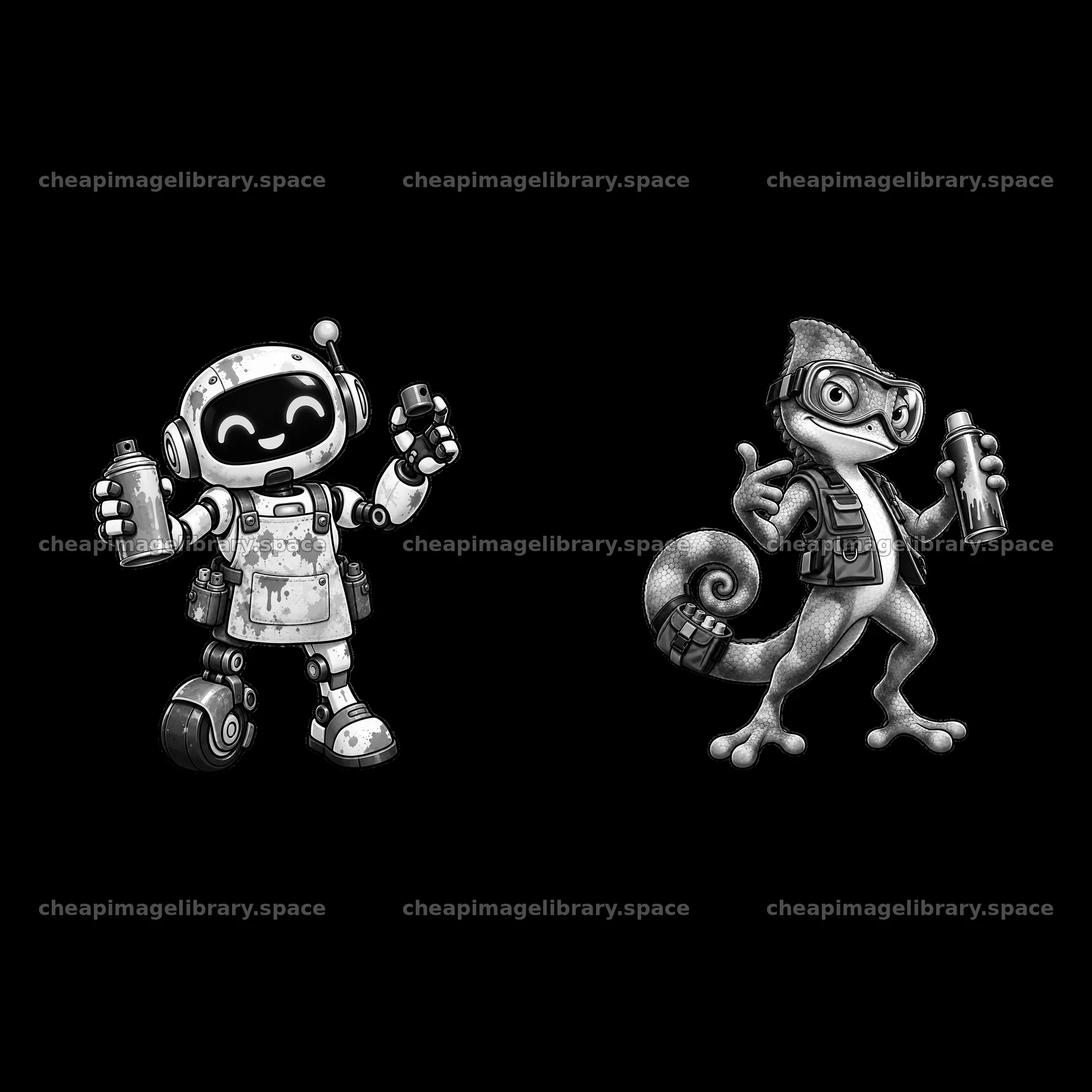 Graffiti sprayer robot and chameleon characters holding spray cans – image library 7746x7746