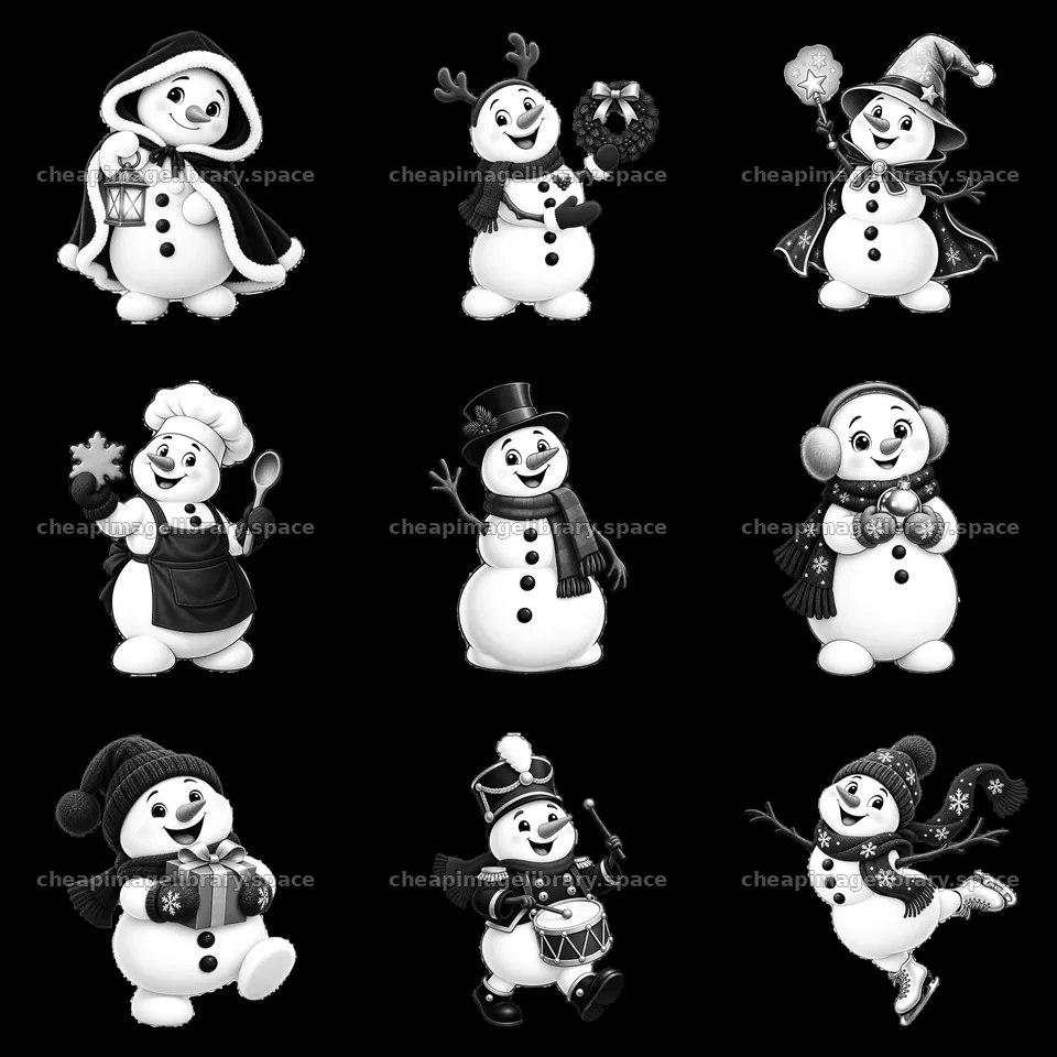 Christmas snowmen in various festive outfits and activities – image library 7746x7746