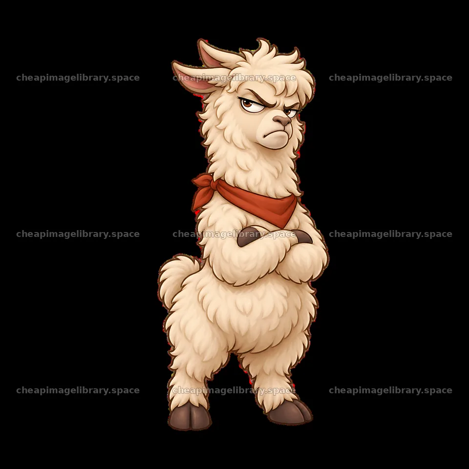 Grumpy llama character wearing a red bandana with crossed arms – image library 7746x7746