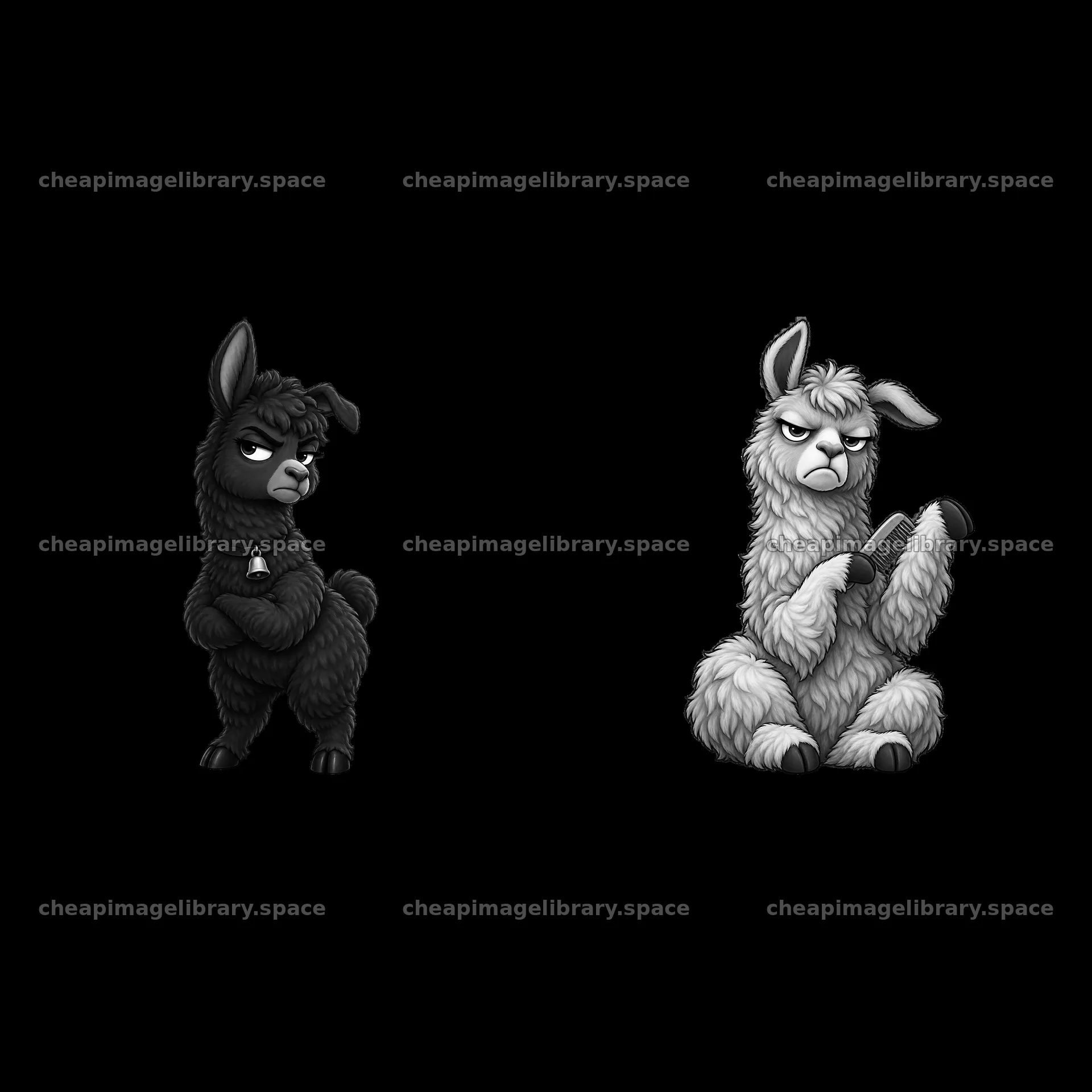Grumpy Llama stickers, one black and one white, with crossed legs – image library 7746x7746