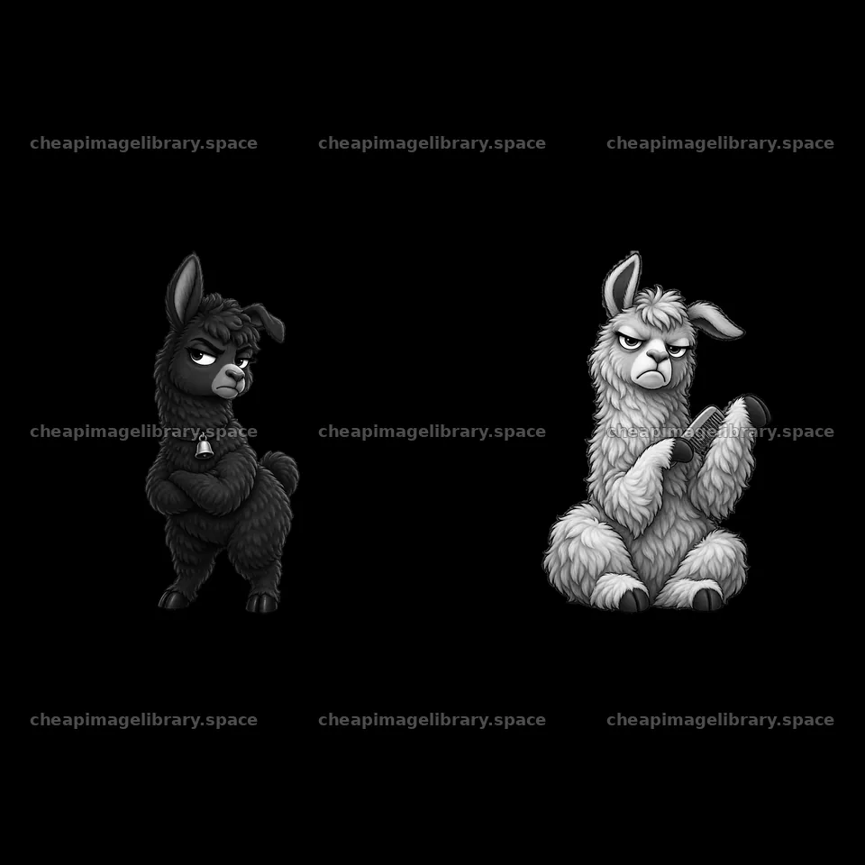 Grumpy Llama stickers, one black and one white, with crossed legs – image library 7746x7746
