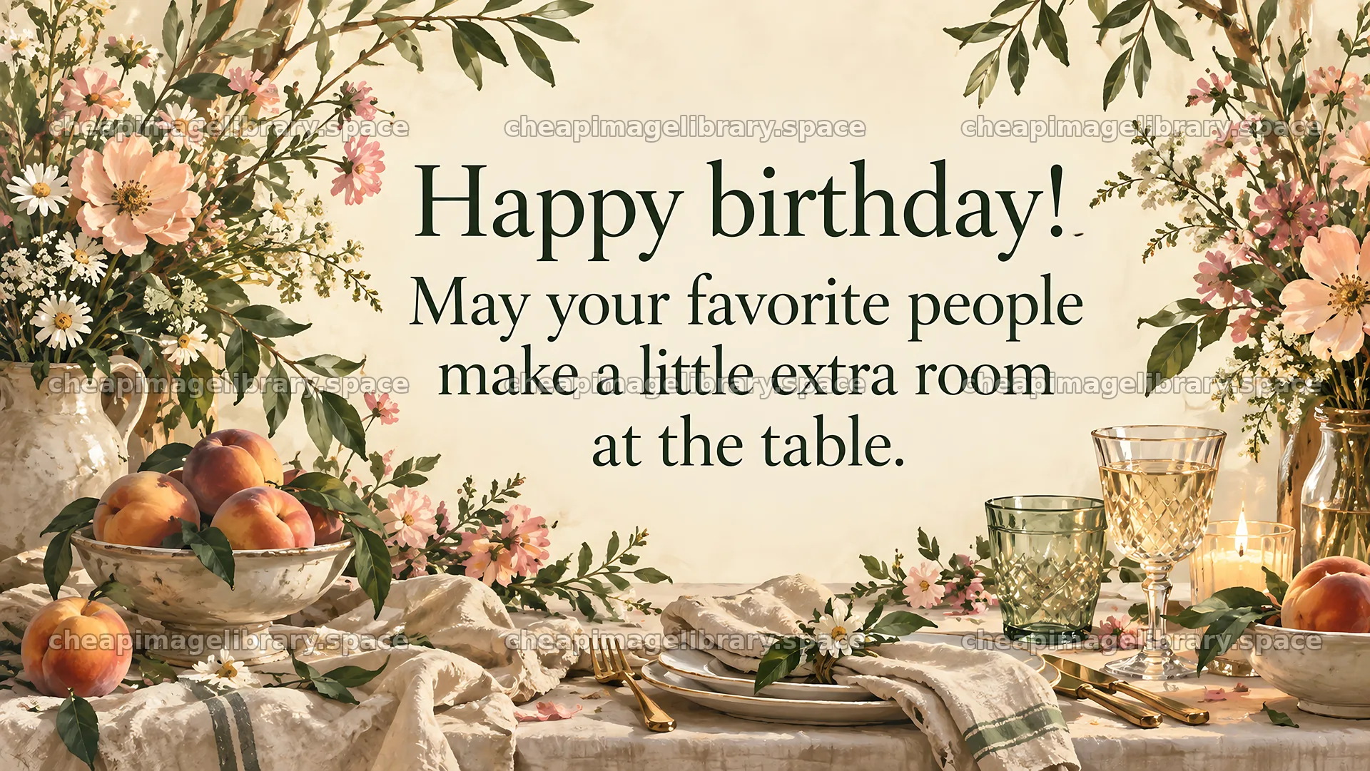 Floral Birthday Greeting with a Set Table – image library 10324x5812
