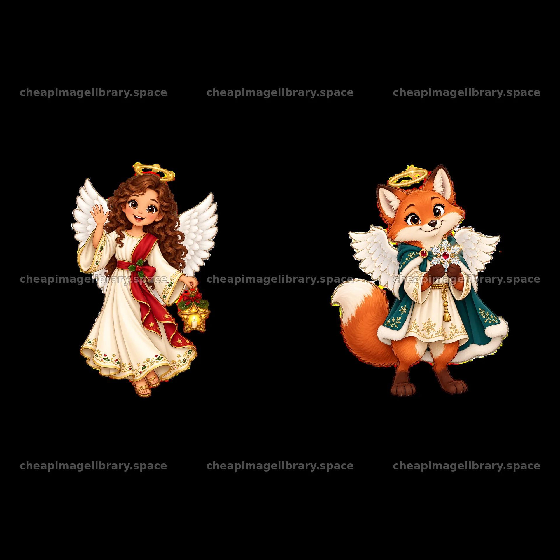 Christmas angel and fox character sticker duo in festive attire – image library 7746x7746