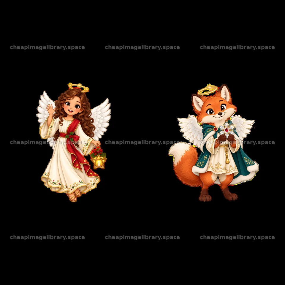 Christmas angel and fox character sticker duo in festive attire – image library 7746x7746