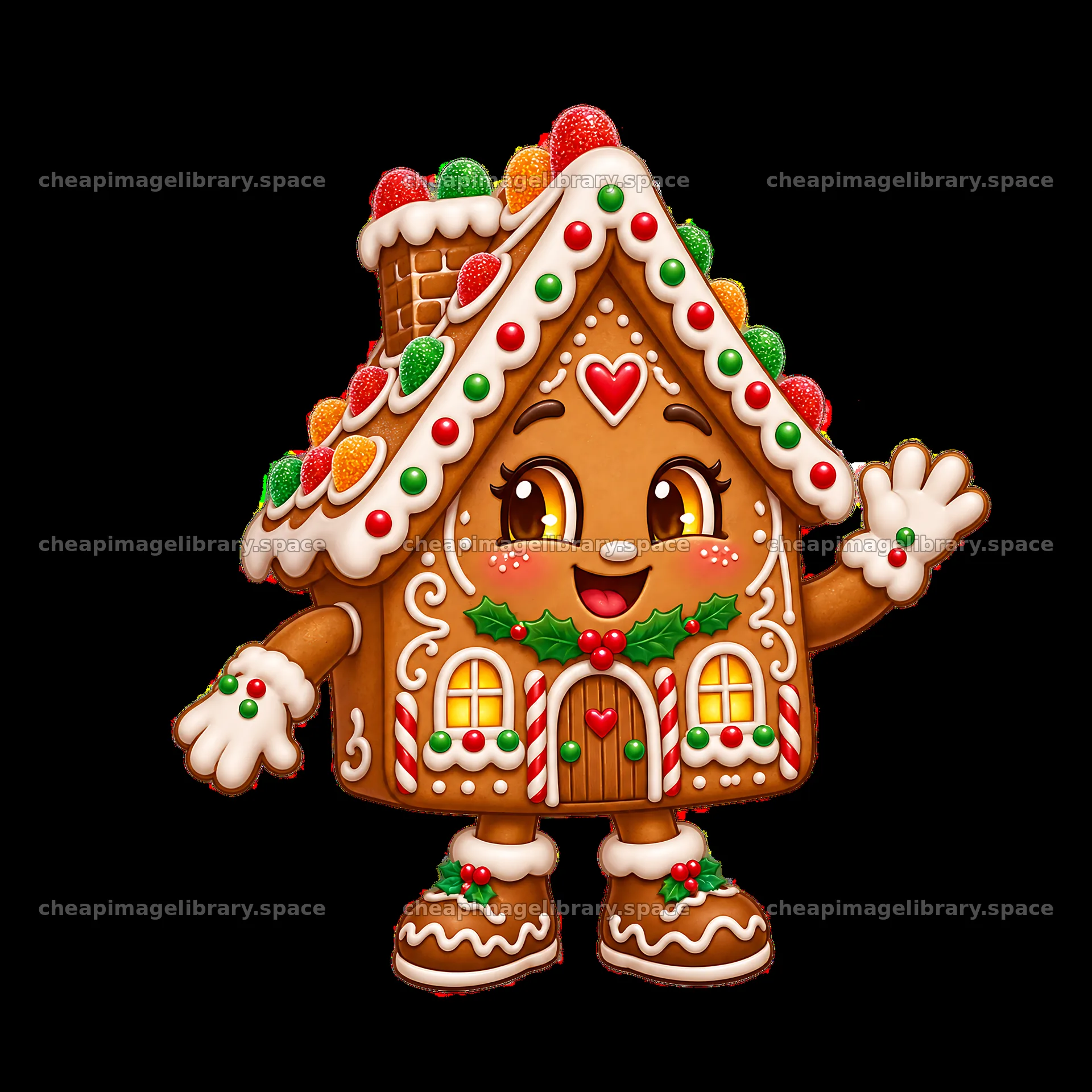 Gingerbread house character waving with colorful decorations – image library 7746x7746