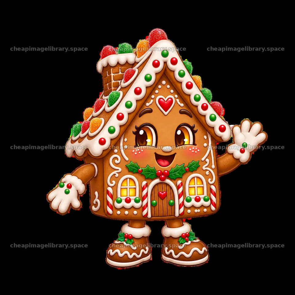 Gingerbread house character waving with colorful decorations – image library 7746x7746