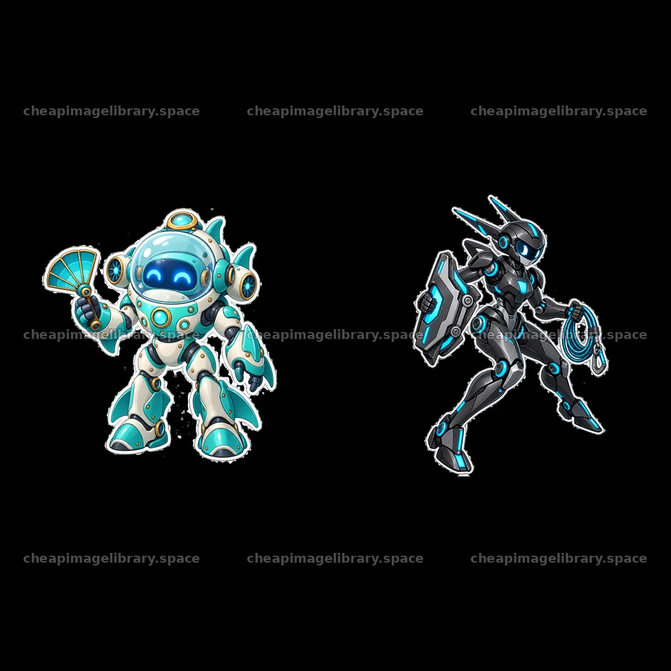 Mech robots in a playful pose holding a fan and a shield – image library 7746x7746