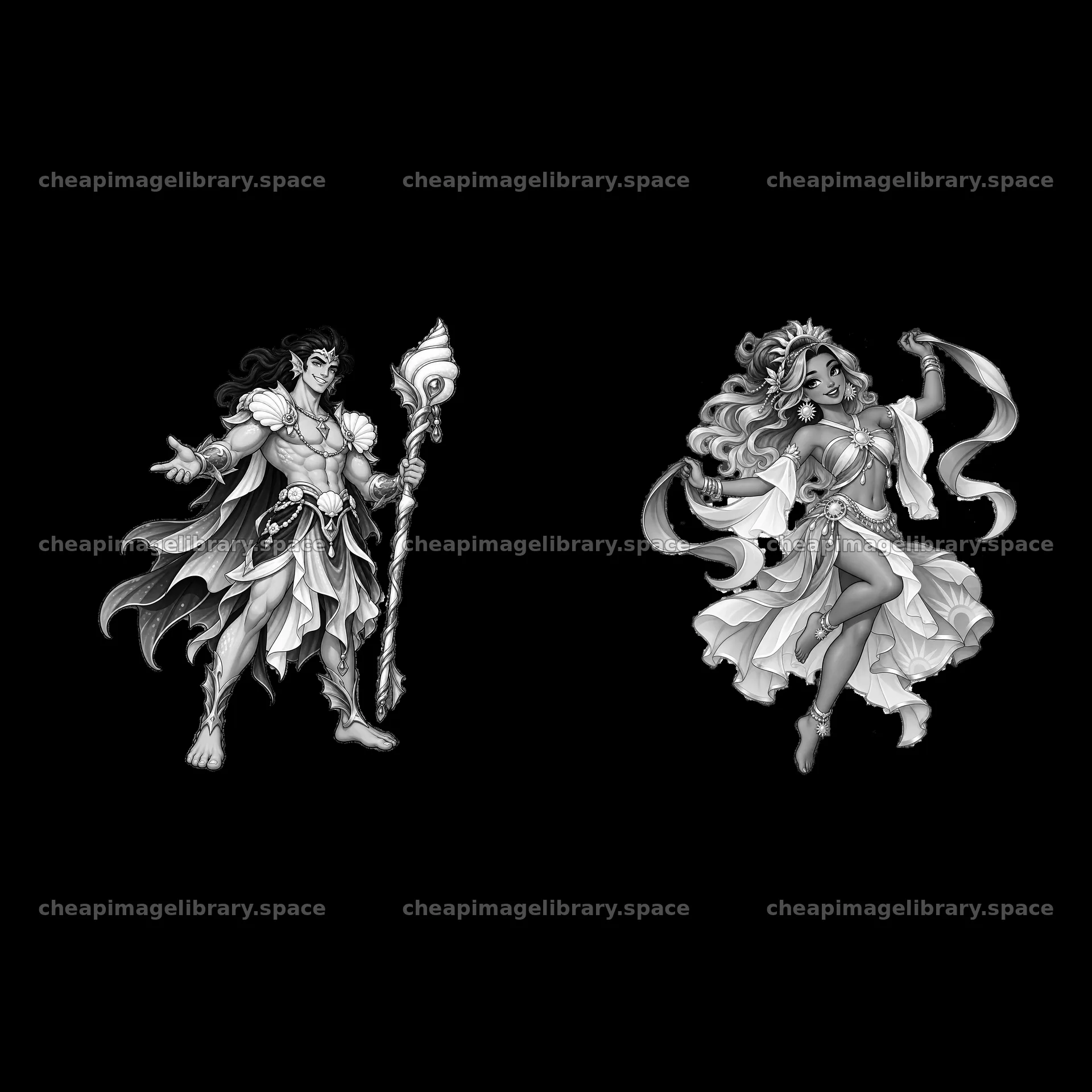 Pagan gods together in black and white cartoon illustration – image library 7746x7746