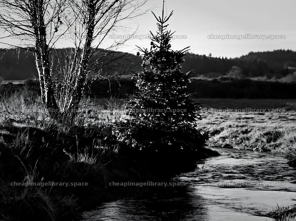 Christmas tree beside stream in meadow during winter – image library 9174x6866