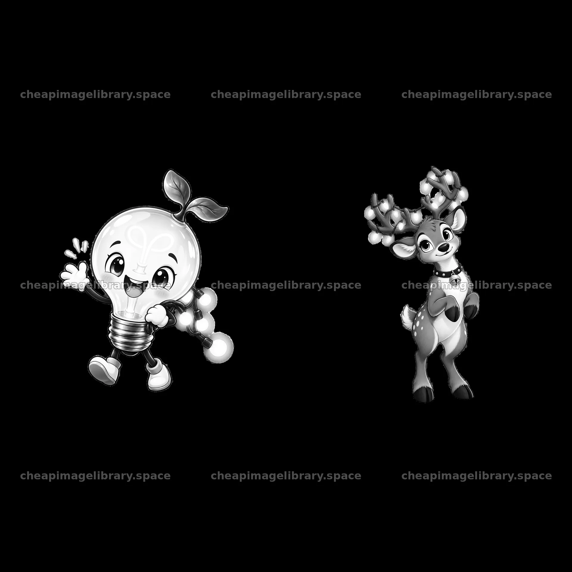 Light bulb character with string lights and reindeer character – image library 7746x7746