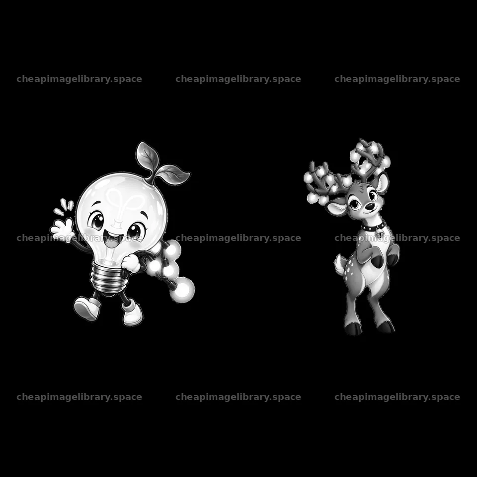 Light bulb character with string lights and reindeer character – image library 7746x7746