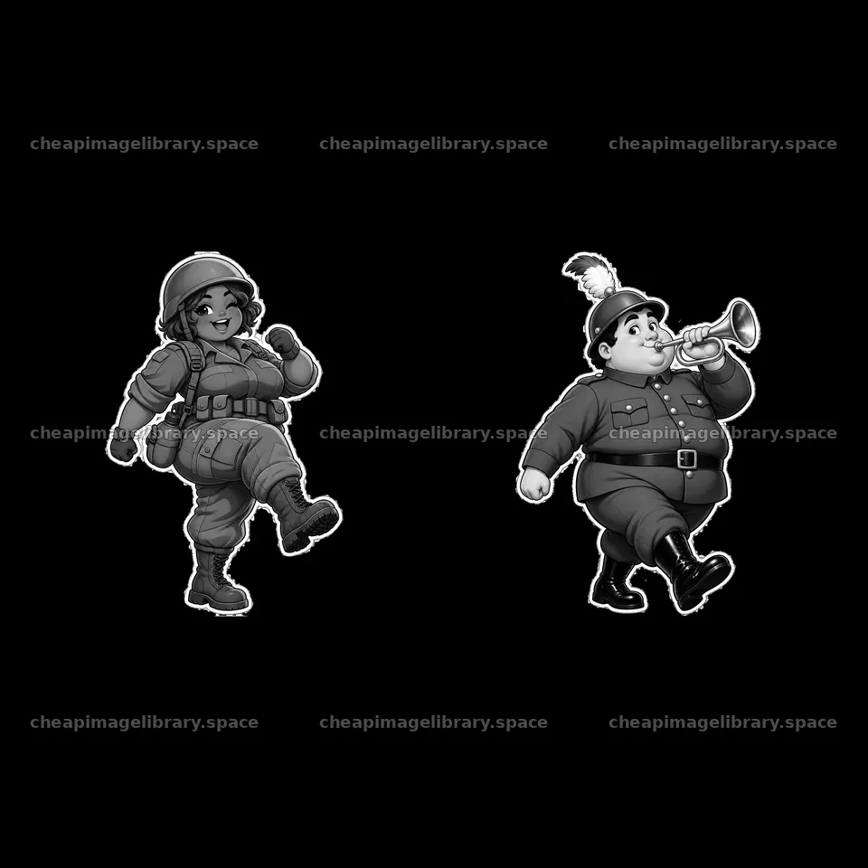 Chubby cartoon soldier marching with trumpet and saluting friend – image library 7746x7746