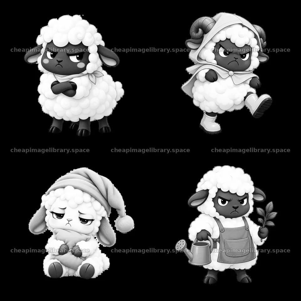 Kawaii grumpy sheep characters in monochrome sticker design – image library 7746x7746