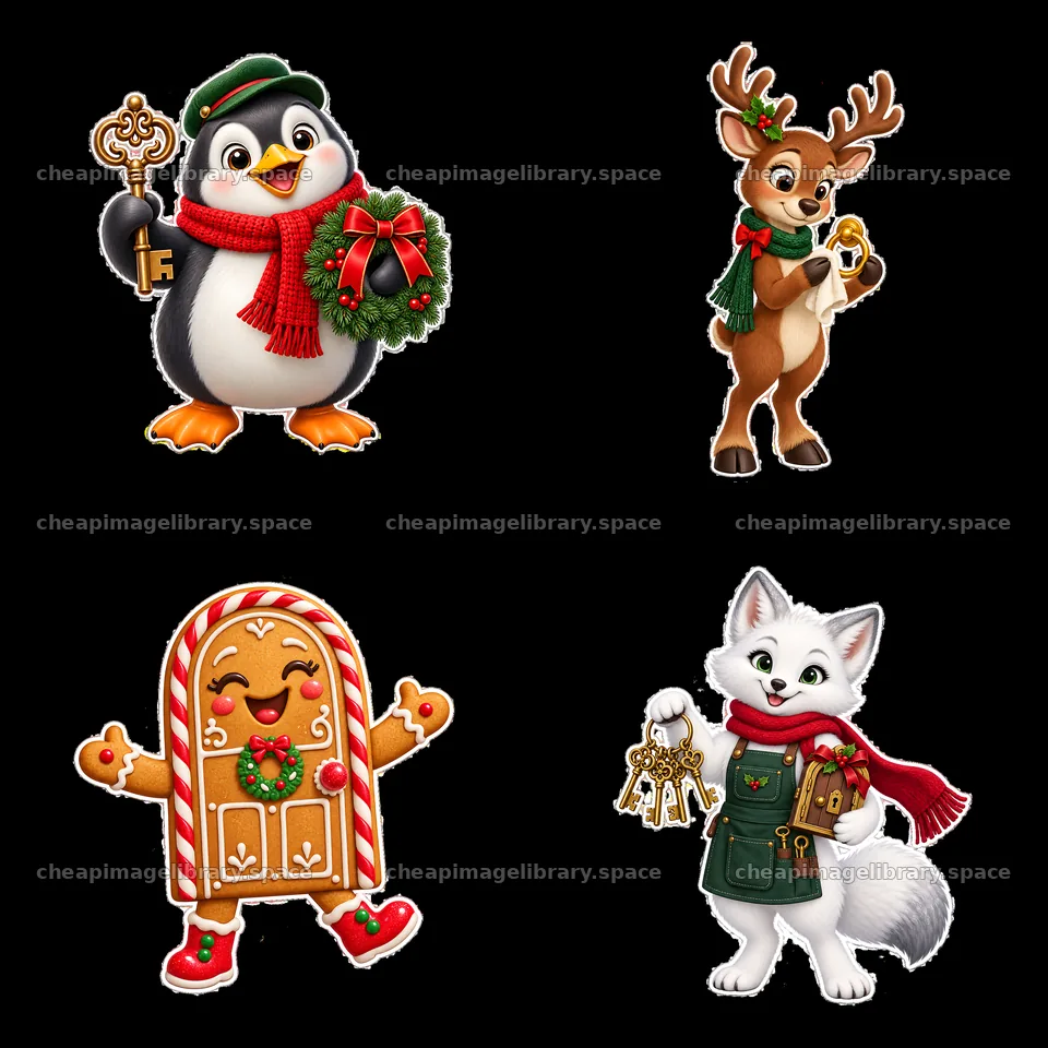 Christmas characters with keys and decorations in four quadrants – image library 7746x7746