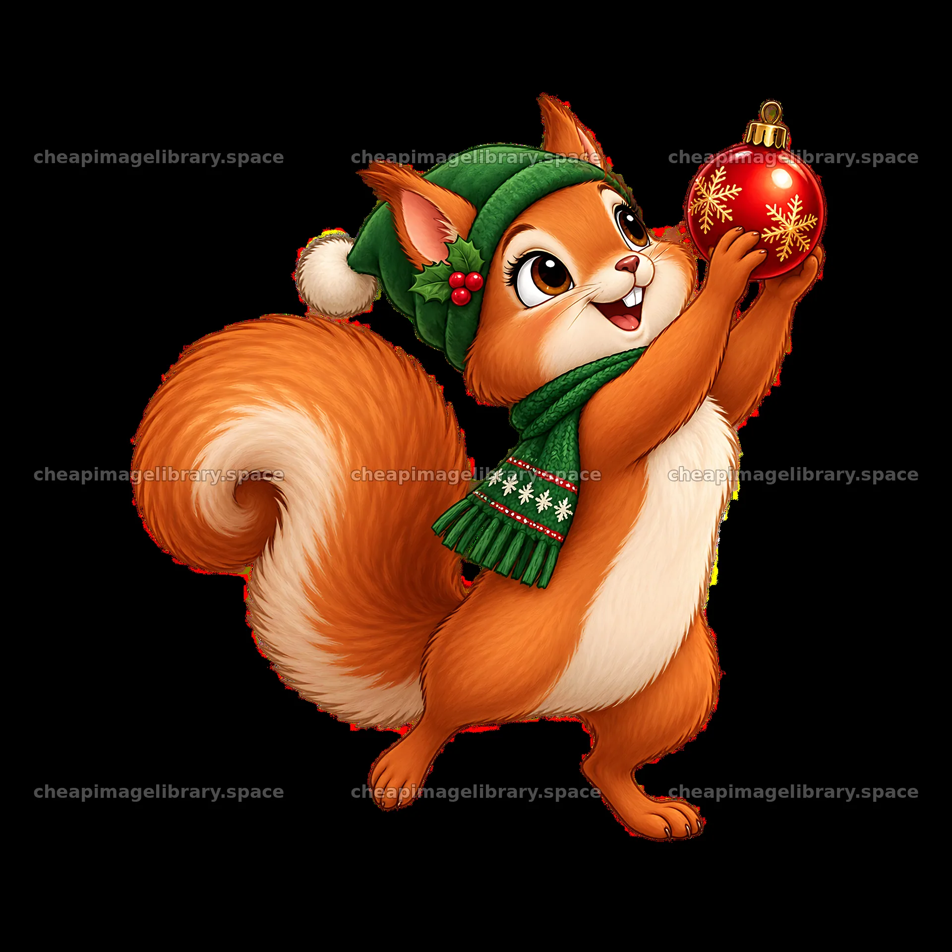 Squirrel in a green hat holding a red Christmas ornament – image library 7746x7746