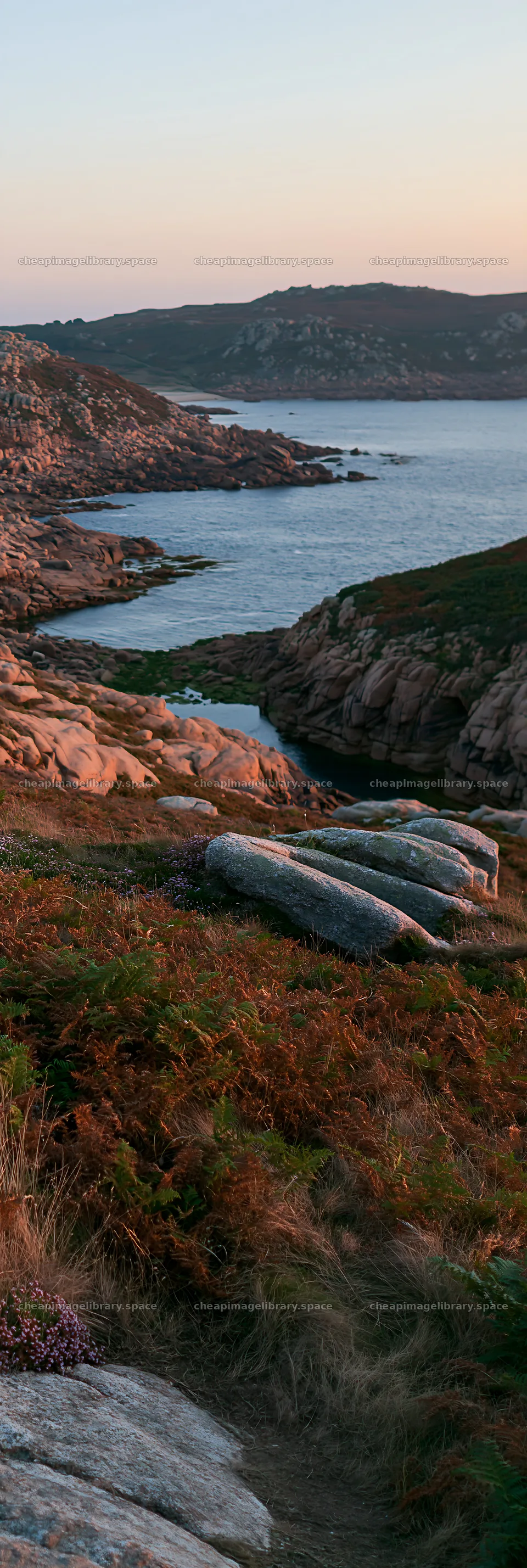 Clifftop meadow view over the sea and rocky shoreline – image library 4602x13690