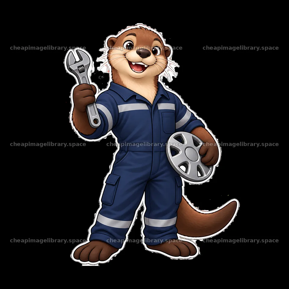 Otter mechanic holding a wrench and car wheel – image library 7746x7746