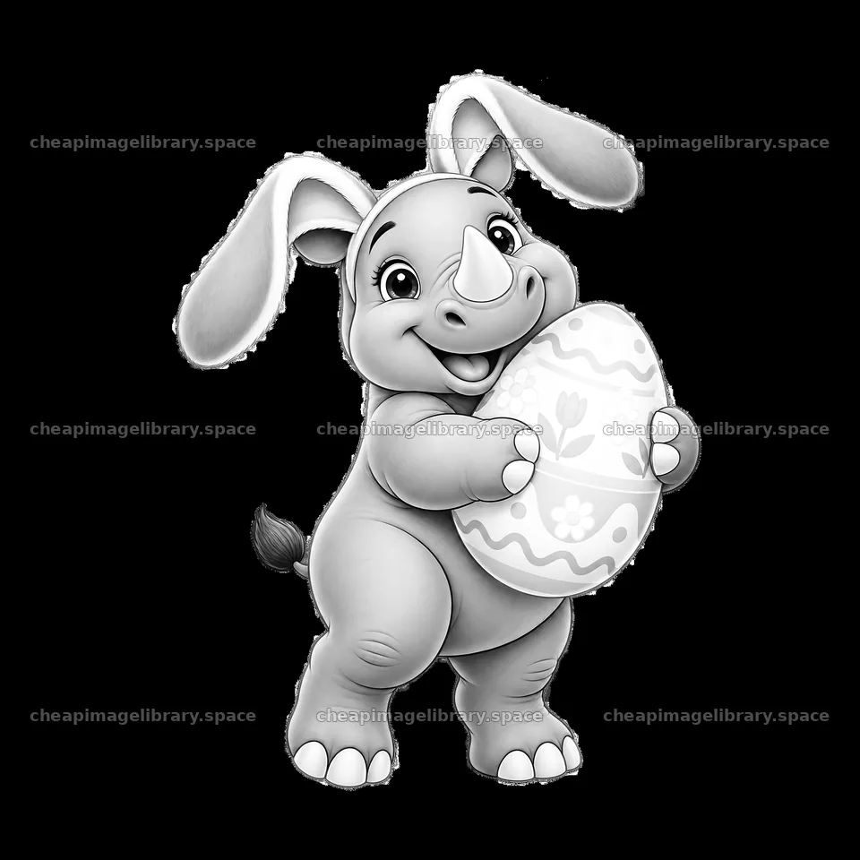 Easter rhinoceros with a decorated egg and bunny ears – image library 7746x7746
