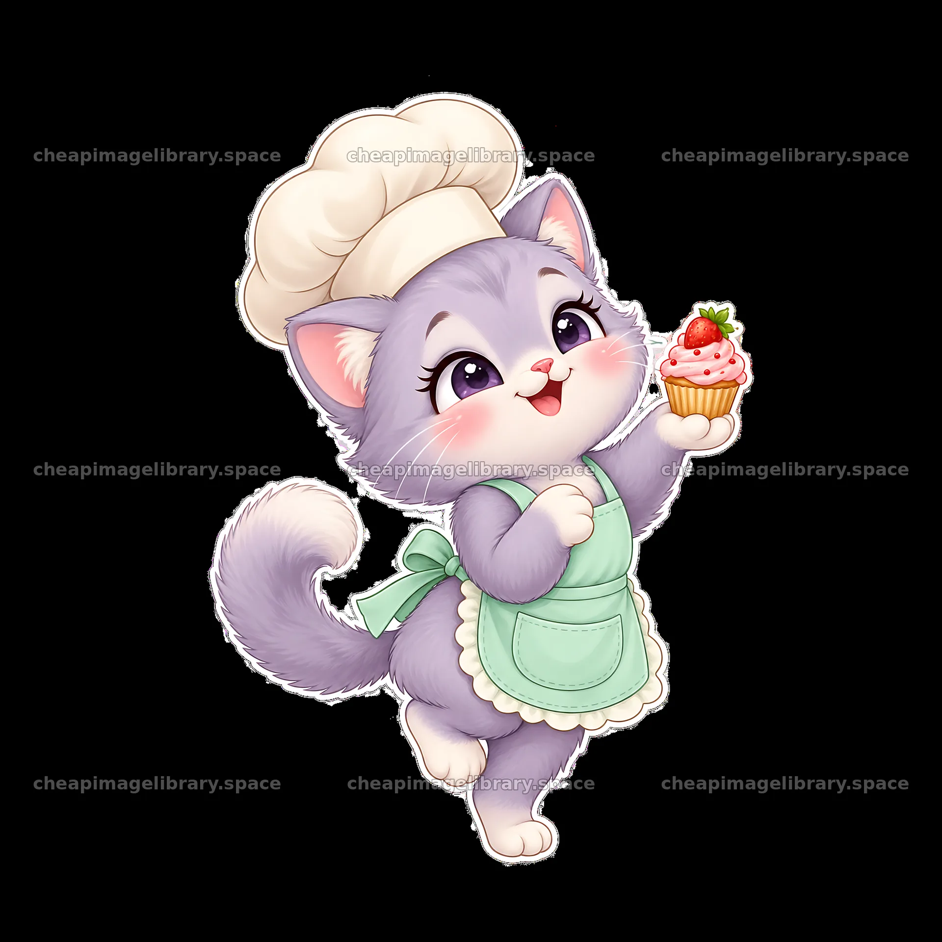 Kawaii cat chef holding a cupcake in pastel colors – image library 7746x7746