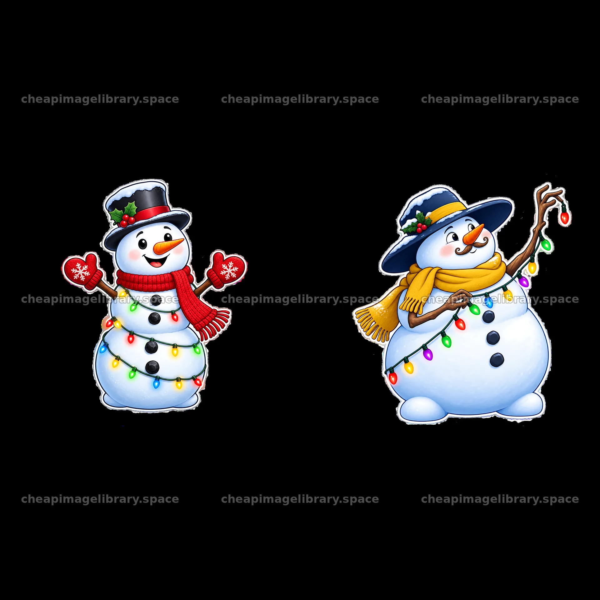 Snowmen with string lights celebrating the winter season – image library 7746x7746