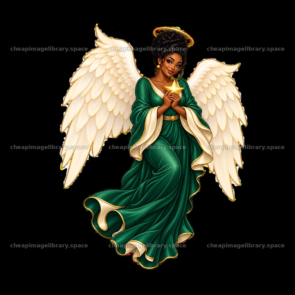 Christmas angel with candle and wings in green dress – image library 7746x7746