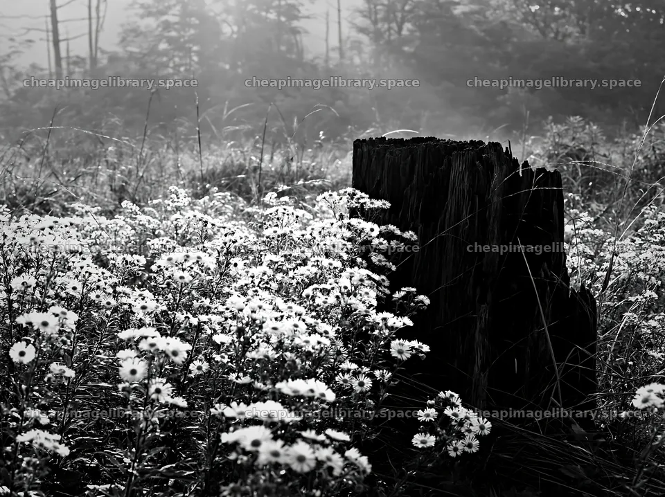 Fukushima meadow with weathered stump and blooming flowers – image library 9174x6866