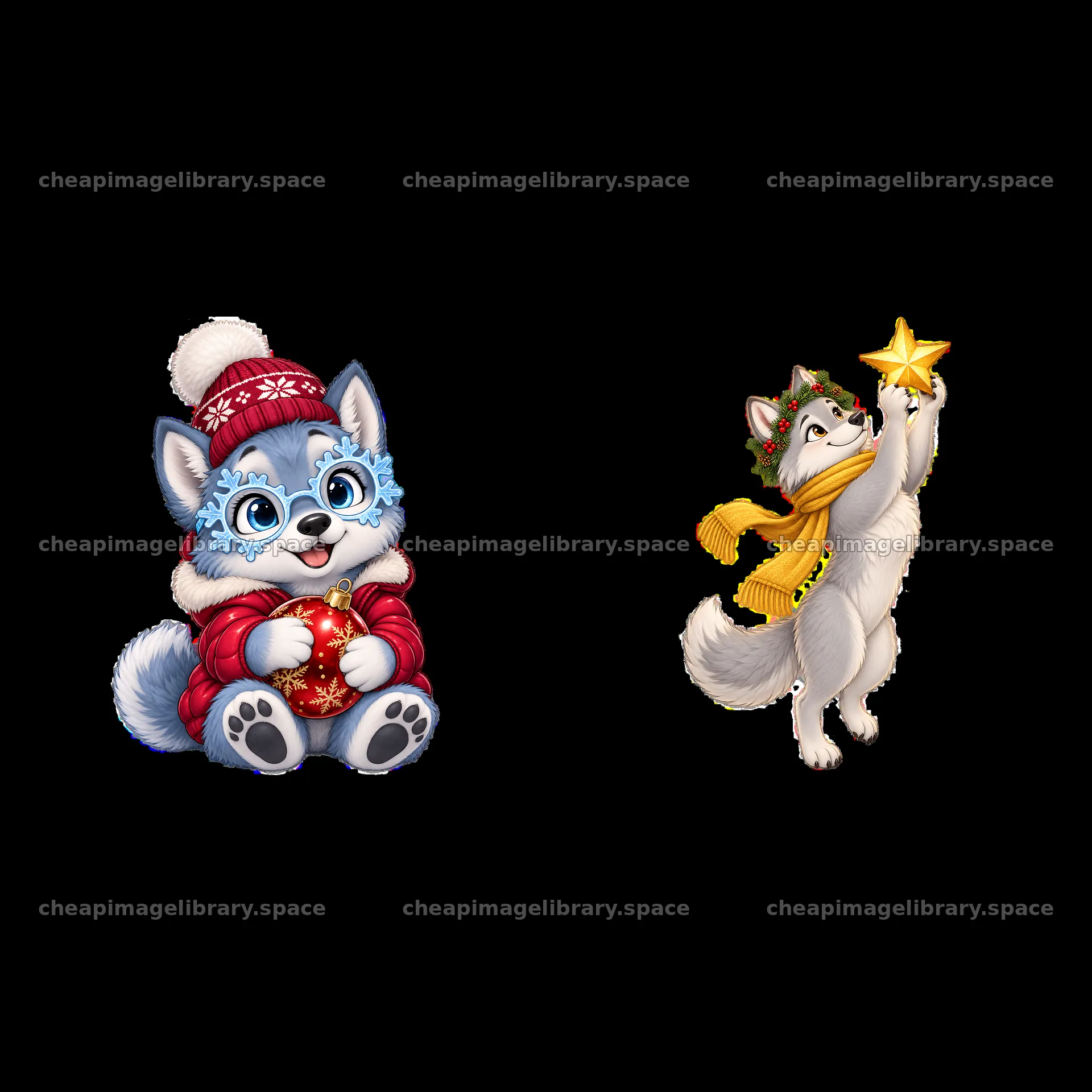 Christmas wolf characters celebrating with ornaments and stars – image library 7746x7746