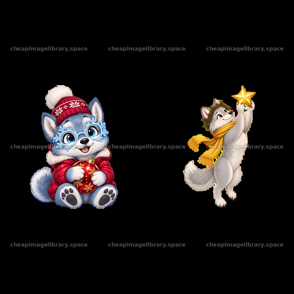 Christmas wolf characters celebrating with ornaments and stars – image library 7746x7746