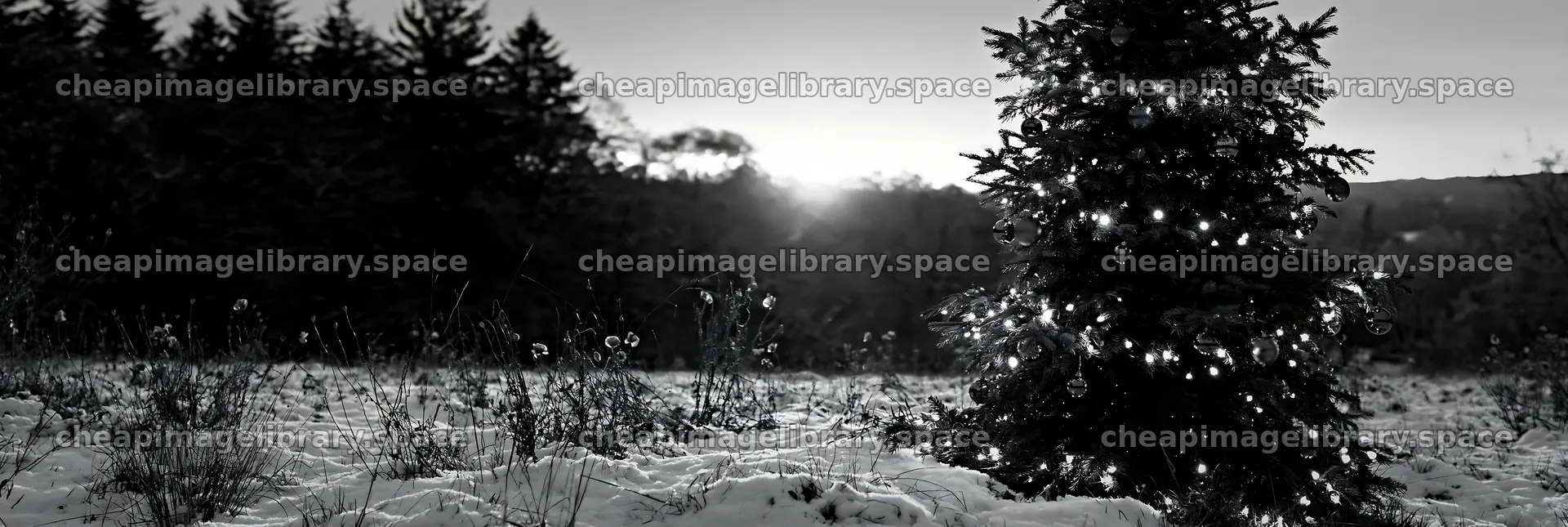 Decorated Christmas tree in snowy meadow at sunset – image library 13690x4602