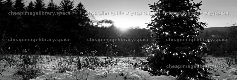Decorated Christmas tree in snowy meadow at sunset – image library 13690x4602
