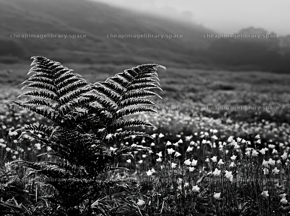 Tokushima mountain meadow fern frond foreground with flowers – image library 9174x6866