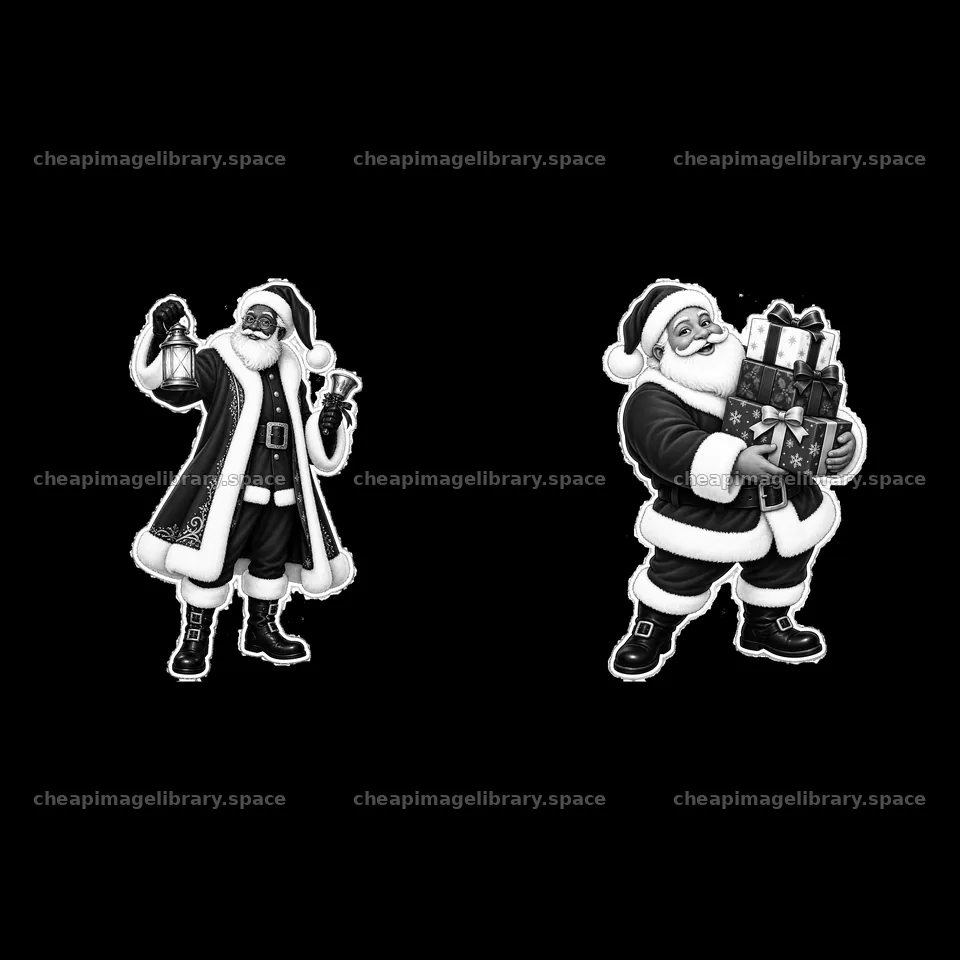 Santa Claus holding a lantern and carrying gifts in black-and-white – image library 7746x7746