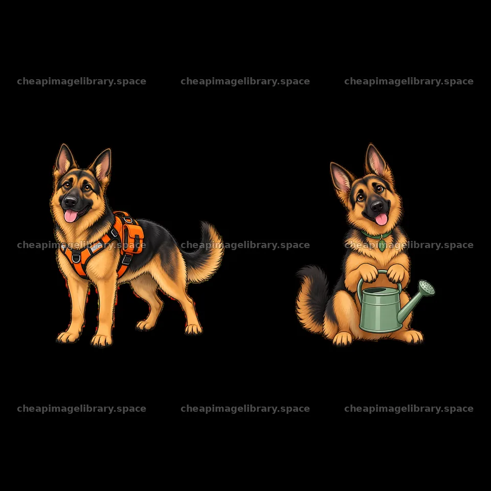 German shepherd dog with a harness and dog holding a watering can – image library 7746x7746