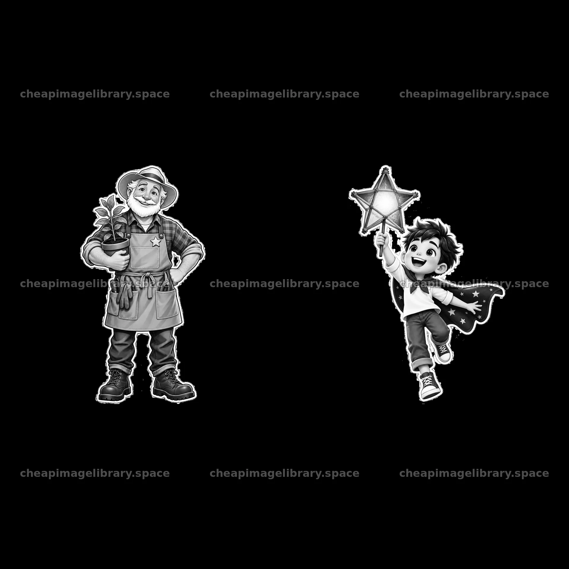 Gardener with plant and boy with star wand in black and white – image library 7746x7746